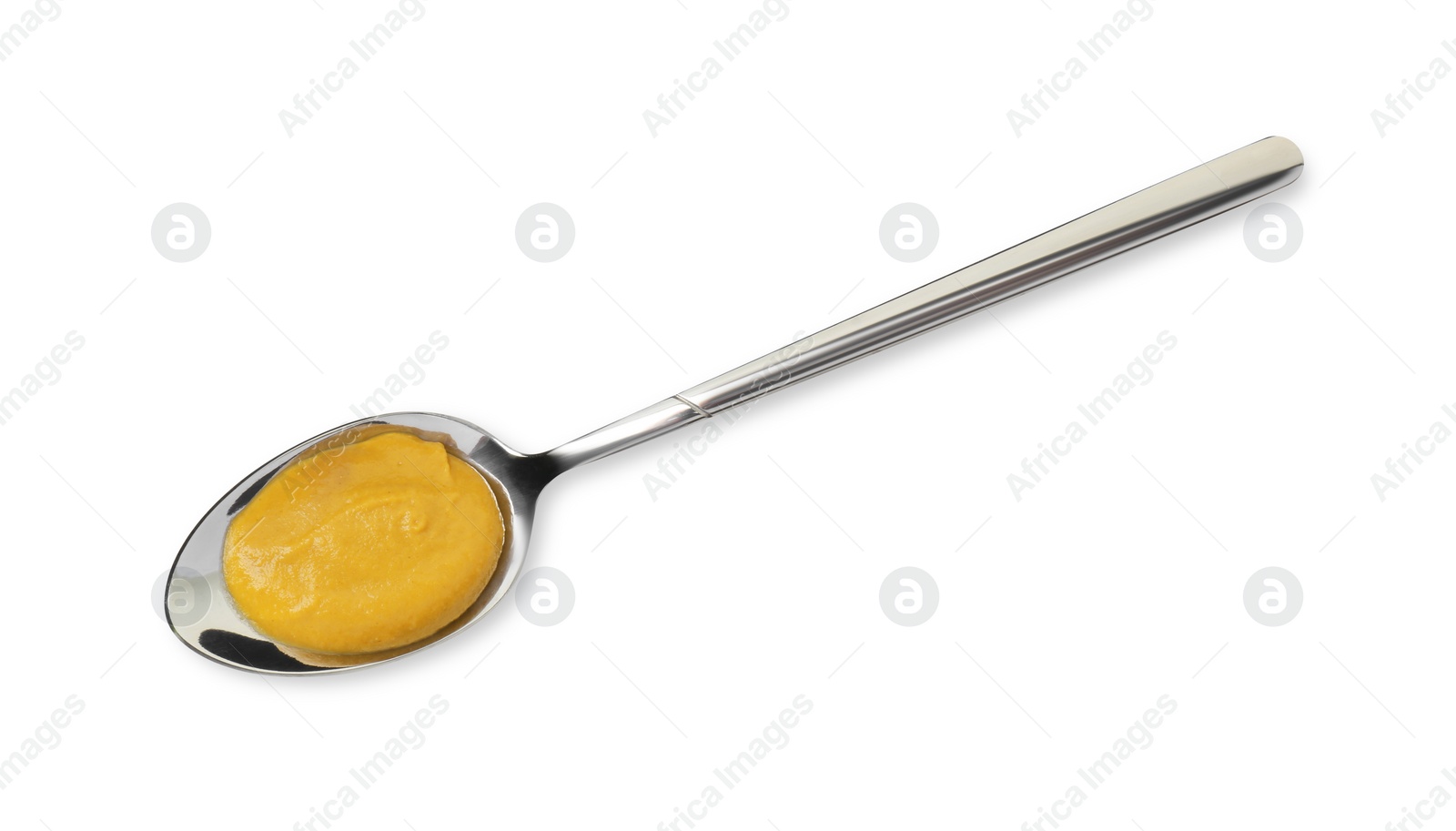 Photo of Tasty mustard sauce in spoon isolated on white, top view