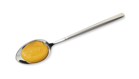 Photo of Tasty mustard sauce in spoon isolated on white, top view