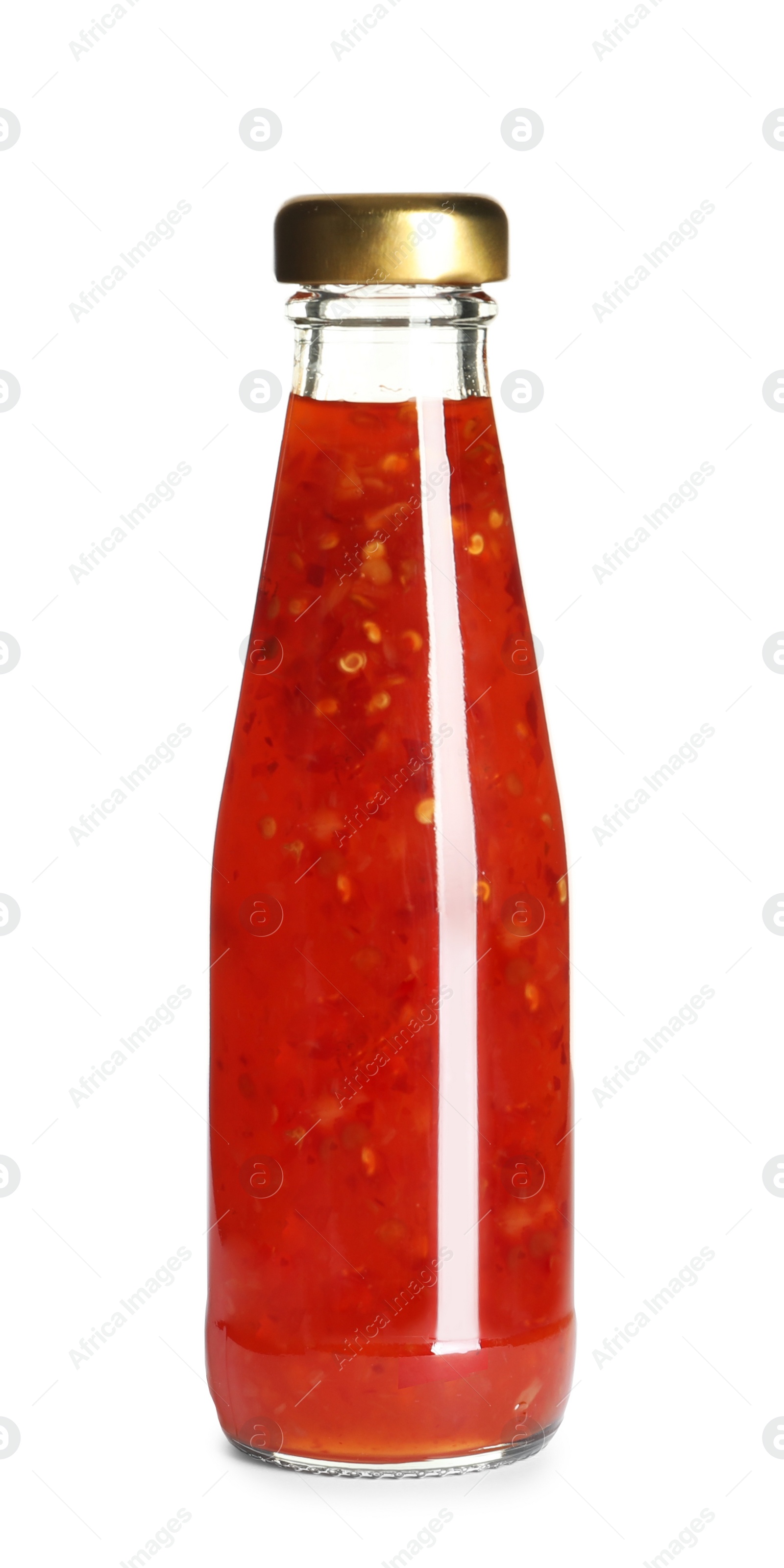 Photo of Delicious sweet chili sauce in glass bottle on white background