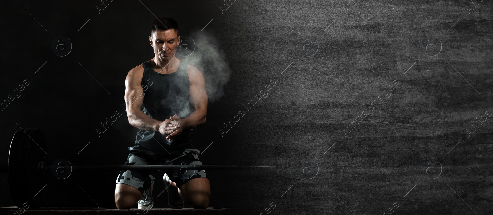 Image of Collage with photo of strong man applying magnesium powder in modern gym and grunge surface. Banner design, space for text