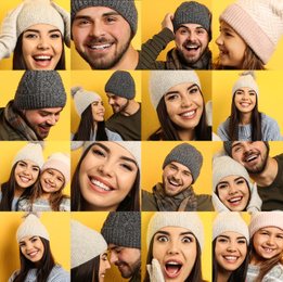 Image of Collage with photos of people wearing warm clothes on yellow background. Winter vacation