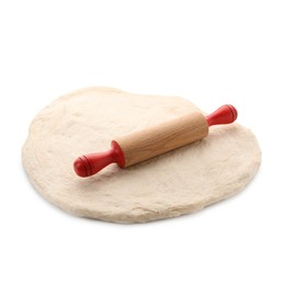 Photo of Raw dough and rolling pin isolated on white