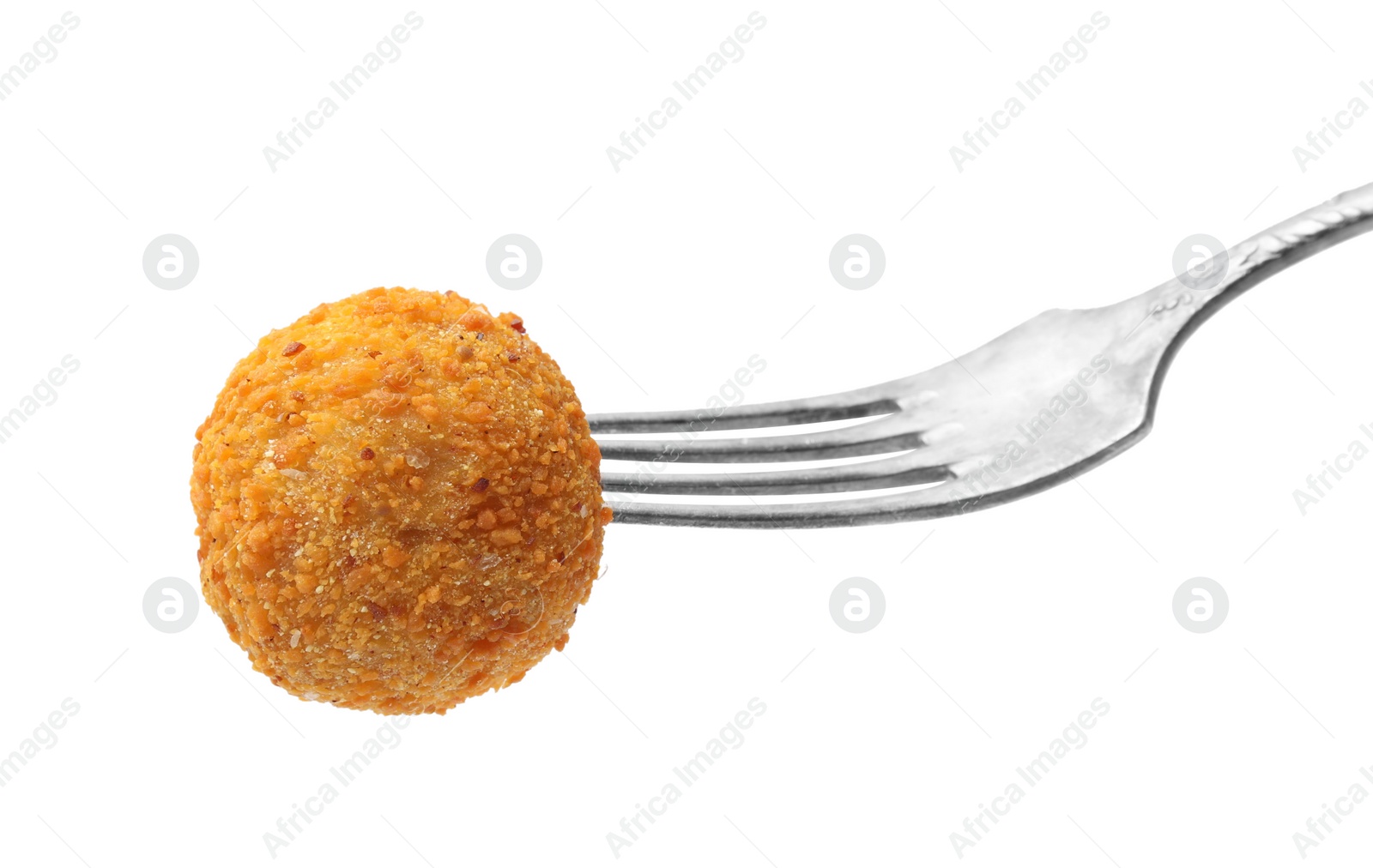 Photo of Fork with delicious fried tofu ball on white background, closeup