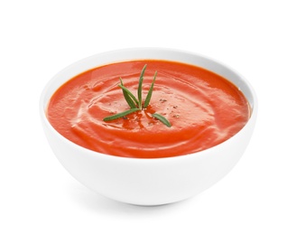 Photo of Bowl with fresh homemade tomato soup on white background