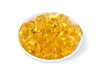 Photo of Vitamin capsules in bowl isolated on white. Health supplement