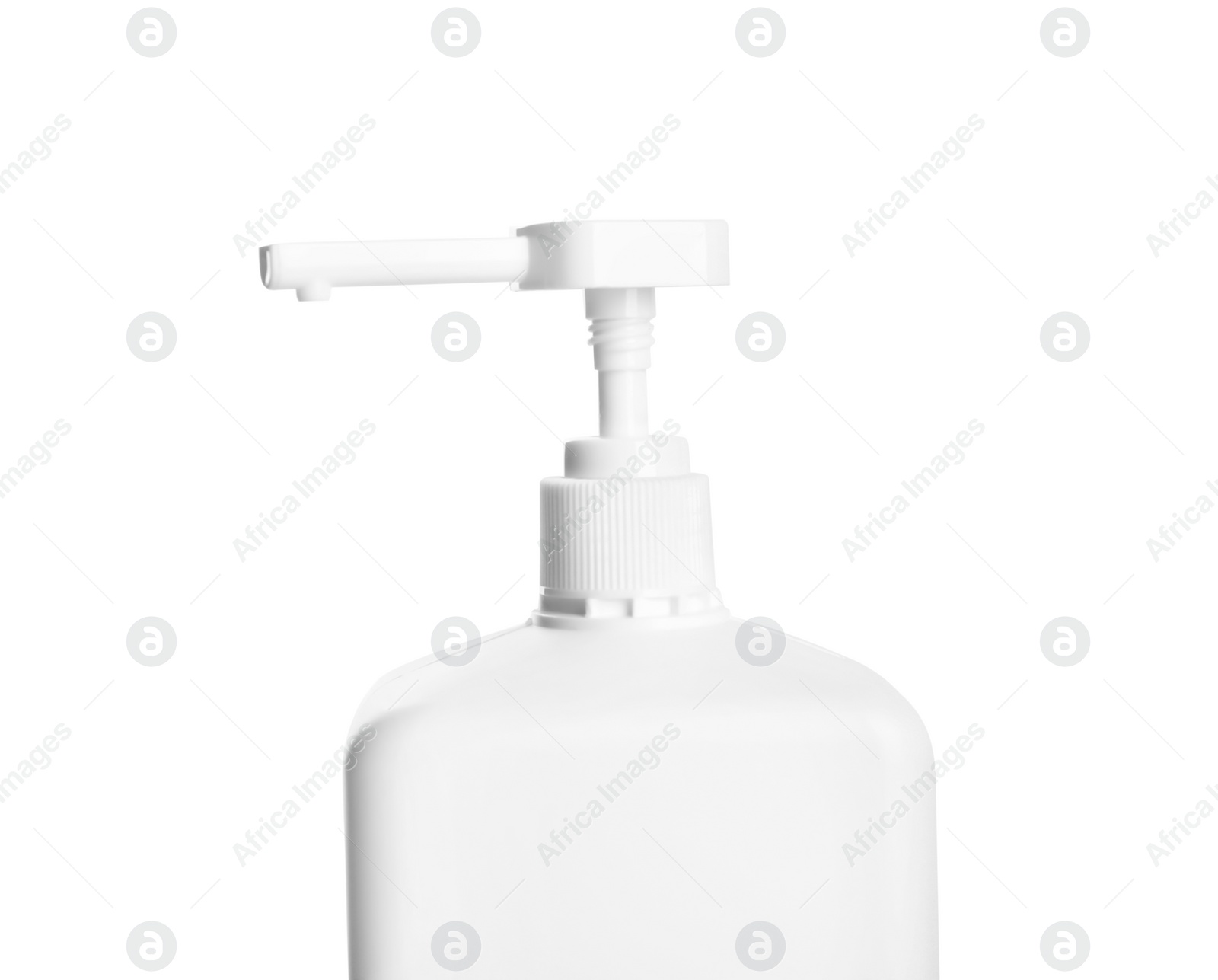 Photo of Dispenser bottle with antiseptic gel isolated on white, closeup