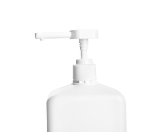 Photo of Dispenser bottle with antiseptic gel isolated on white, closeup
