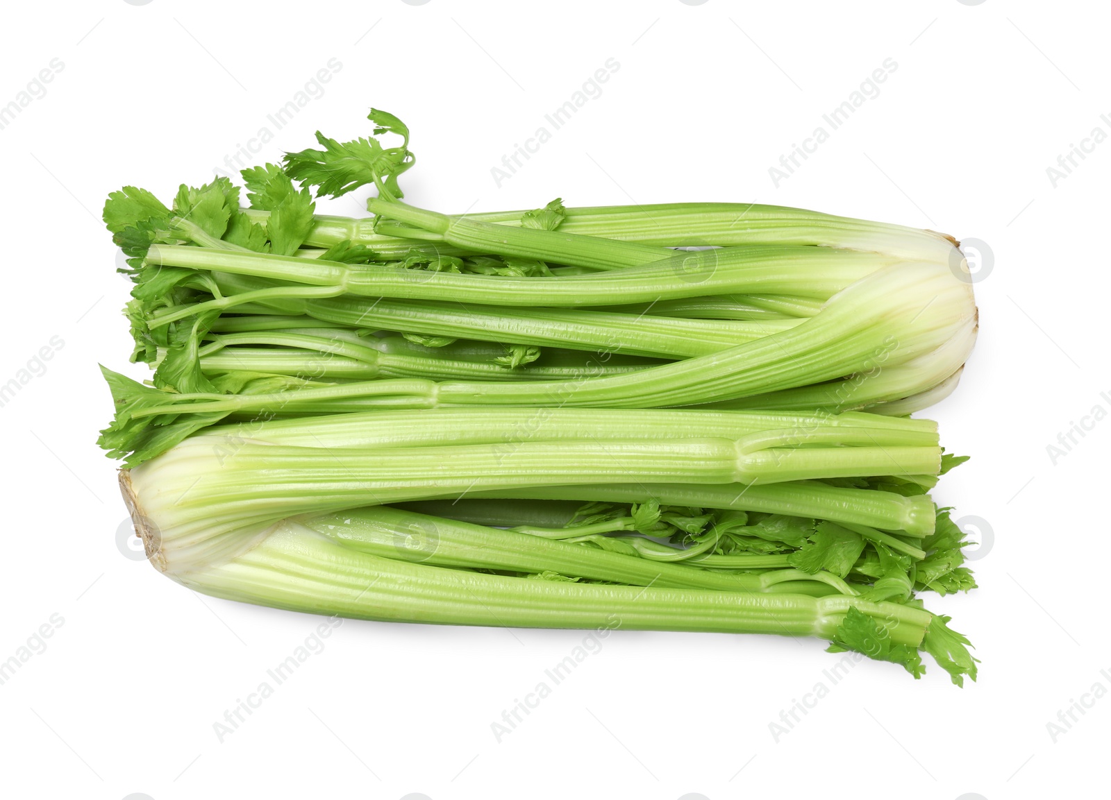 Photo of Fresh green celery bunches isolated on white, top view