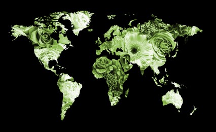 World map made of beautiful flowers on black background, banner design