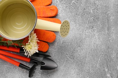 Photo of Watering can, gardening tools and beautiful flower on light grey background, flat lay. Space for text