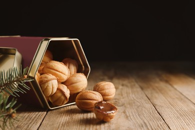 Homemade walnut shaped cookies with boiled condensed milk and fir branches on wooden table. Space for text