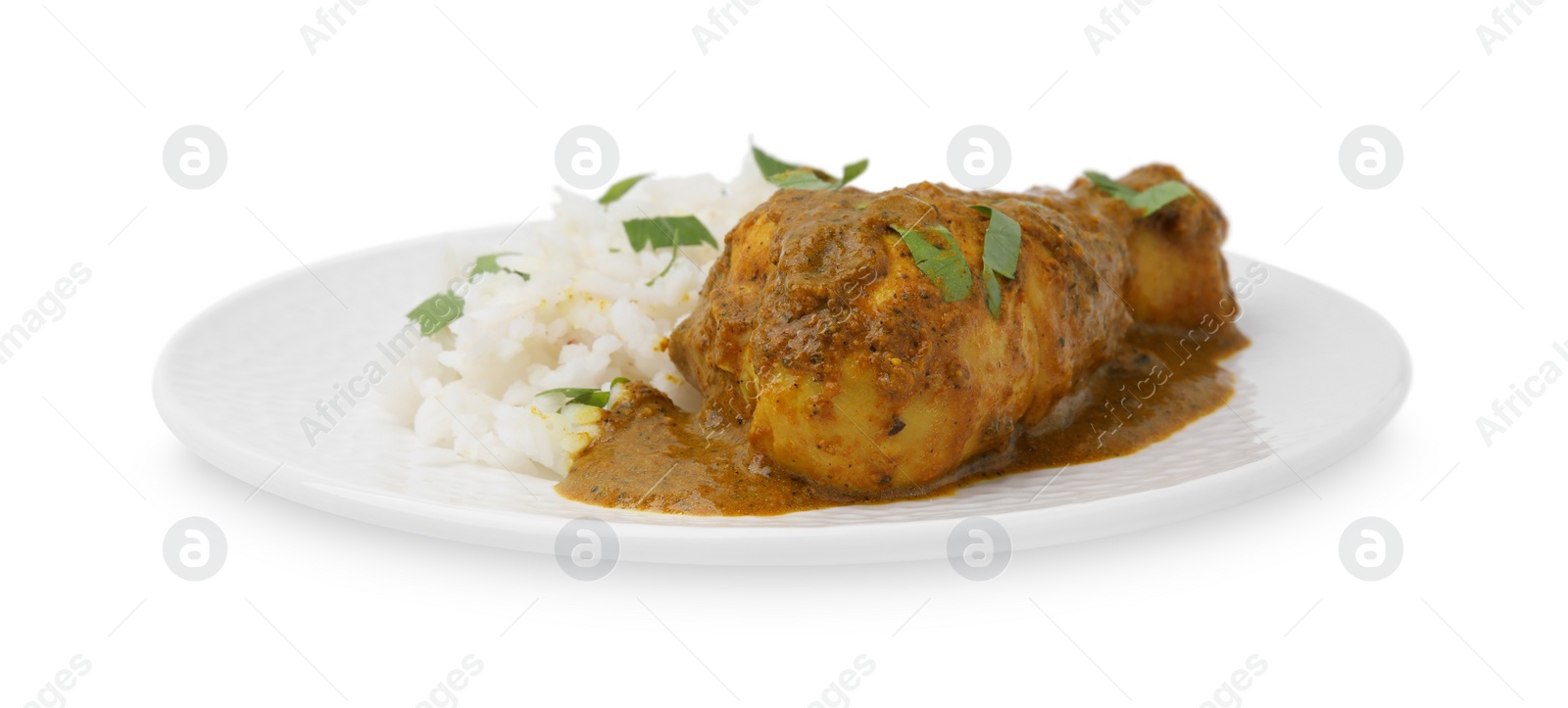 Photo of Delicious rice and chicken with curry sauce isolated on white