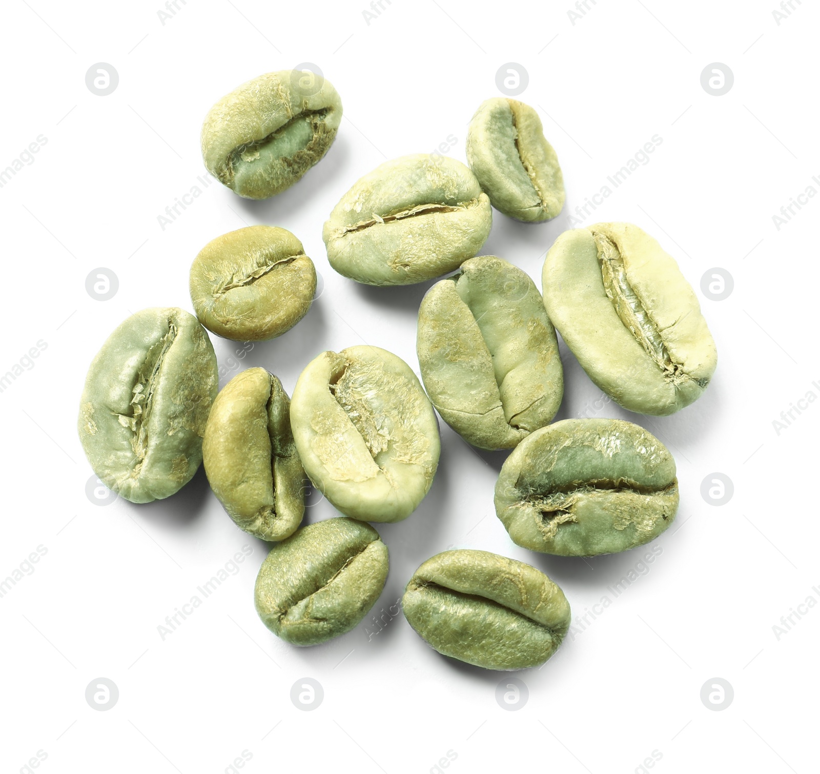 Photo of Pile of green coffee beans on white background, top view