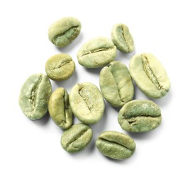 Photo of Pile of green coffee beans on white background, top view