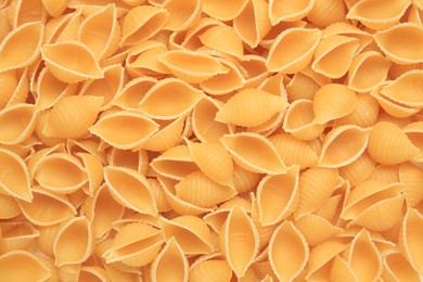 Raw conchiglie pasta as background, top view