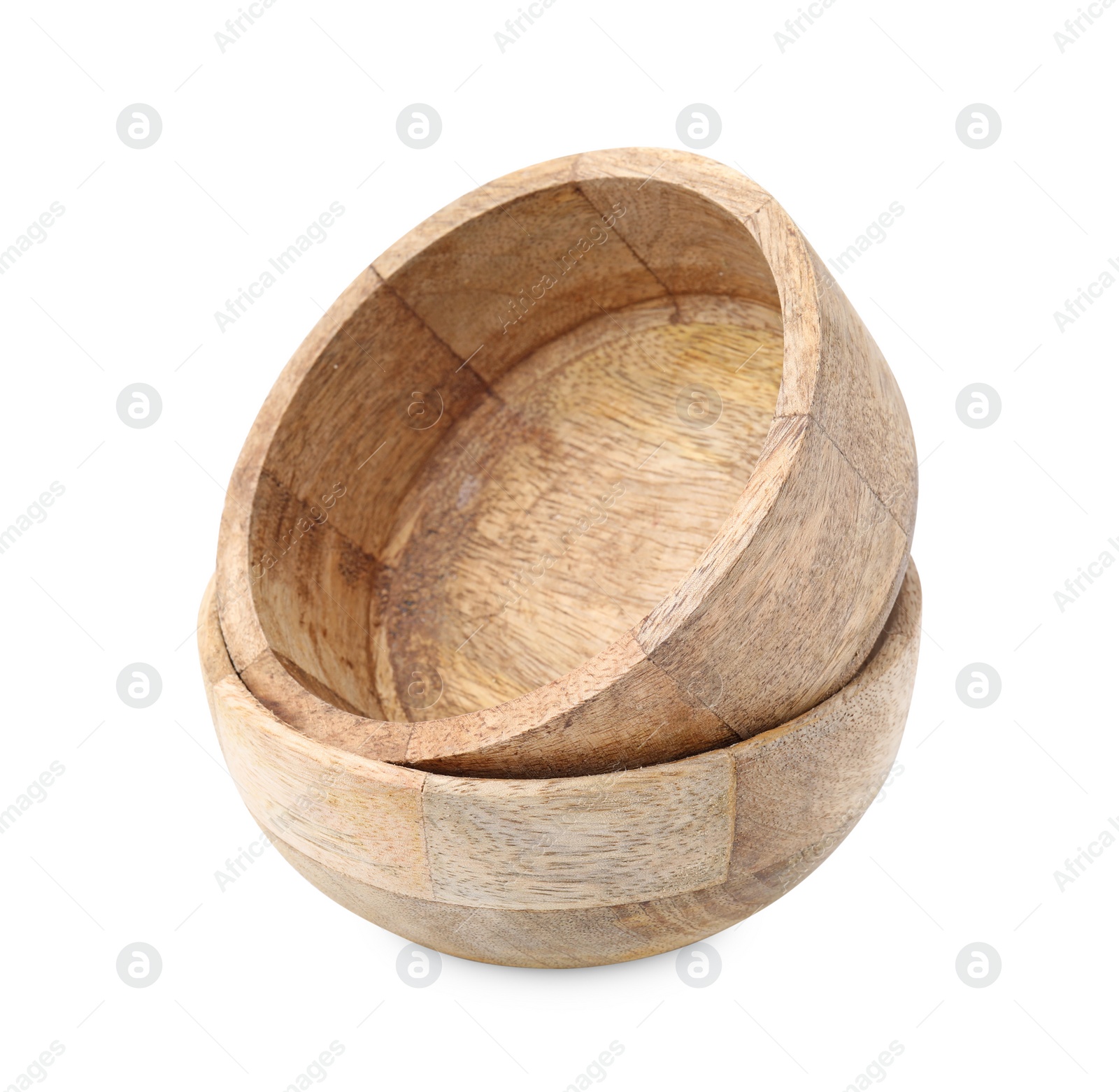 Photo of Wooden bowls isolated on white. Cooking utensils