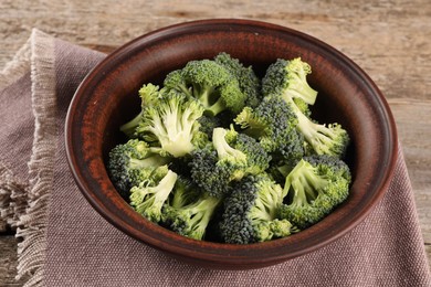 Bowl with fresh raw broccoli on wooden table, closeup