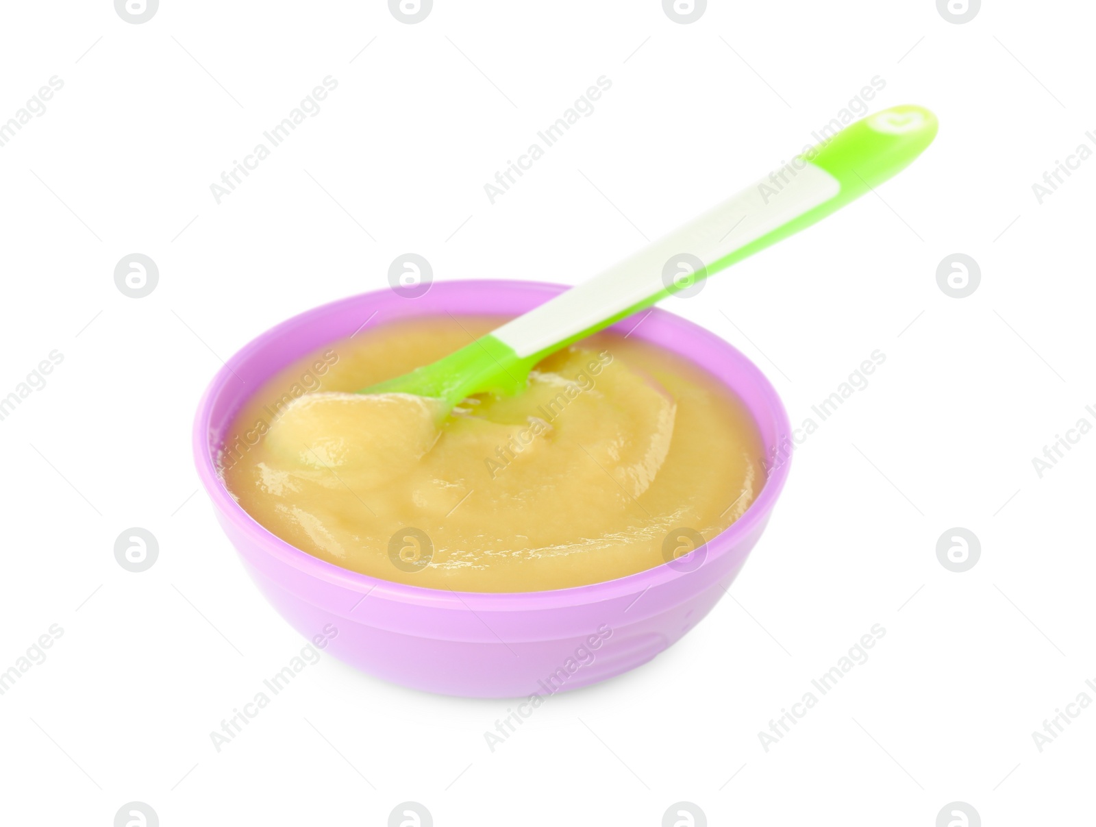 Photo of Healthy baby food in bowl on white background