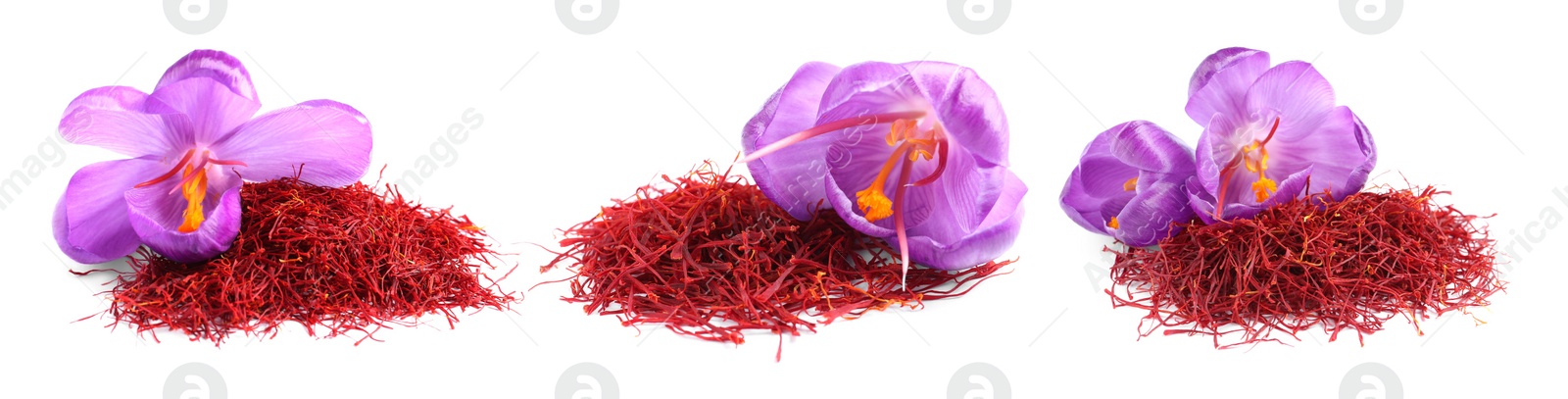 Image of Dried saffron and crocus flowers on white background, collage. Banner design