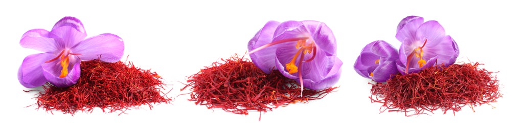 Image of Dried saffron and crocus flowers on white background, collage. Banner design