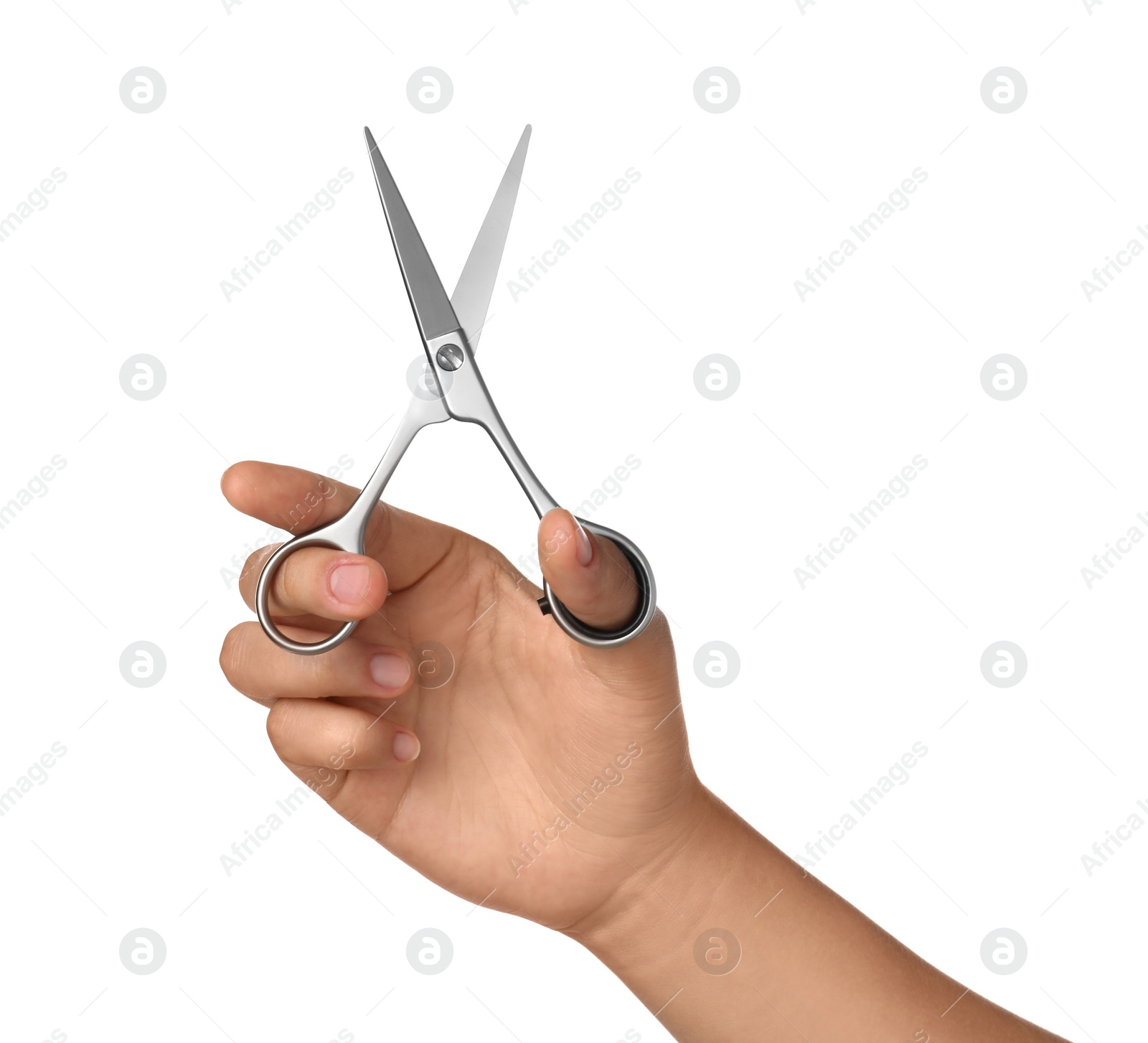 Photo of Hairdresser holding professional scissors isolated on white, closeup. Haircut tool