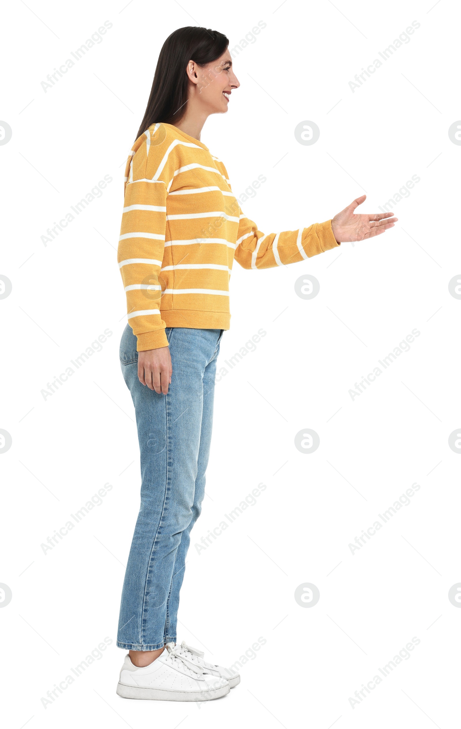 Photo of Happy woman greeting someone on white background