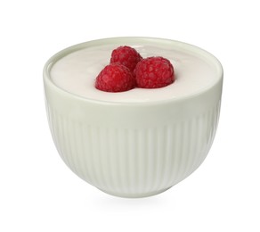 Photo of Delicious yogurt with raspberries in bowl isolated on white