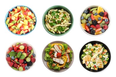 Set with different tasty salads on white background, top view