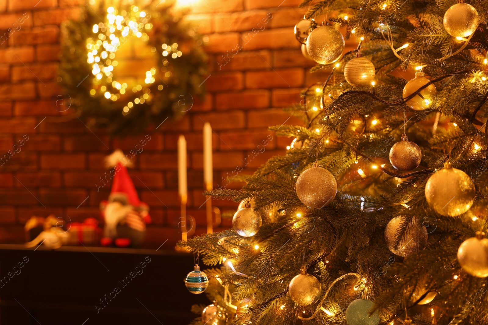 Photo of Beautiful Christmas tree with festive lights in living room, closeup. Interior design