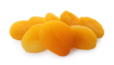 Photo of Pile of tasty apricots on white background. Dried fruits