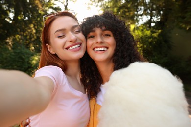 Happy friends with cotton candy taking selfie outdoors