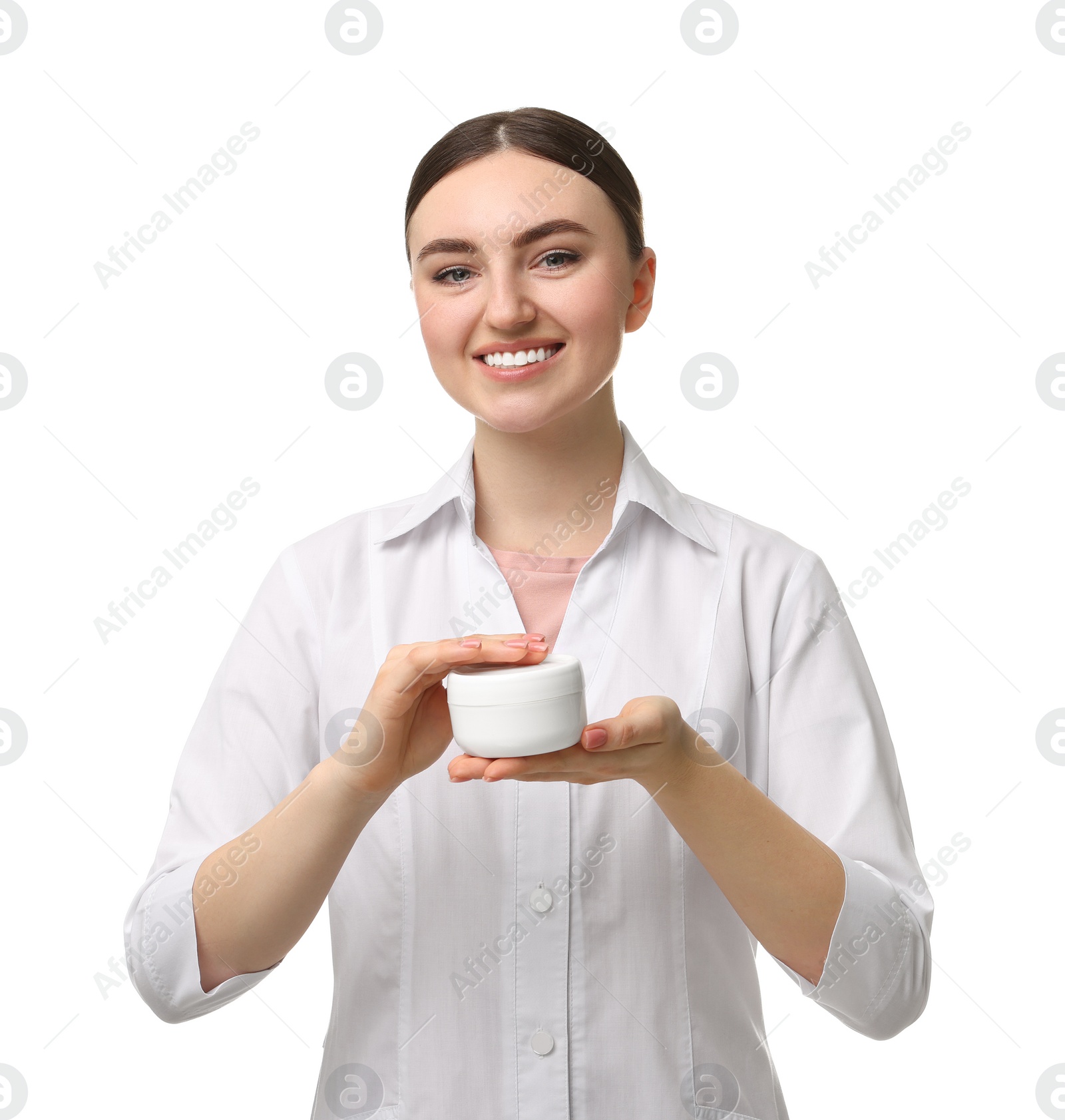 Photo of Cosmetologist with cosmetic product on white background