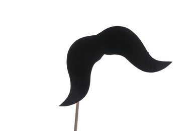 Fake paper mustache on stick against white background