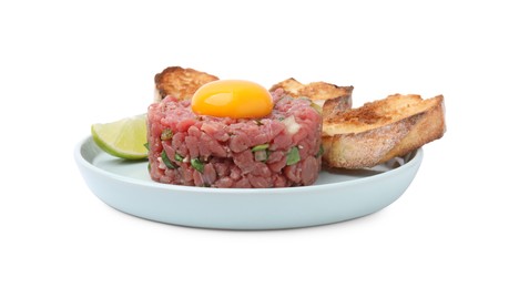 Photo of Tasty beef steak tartare served with yolk and toasted bread isolated on white