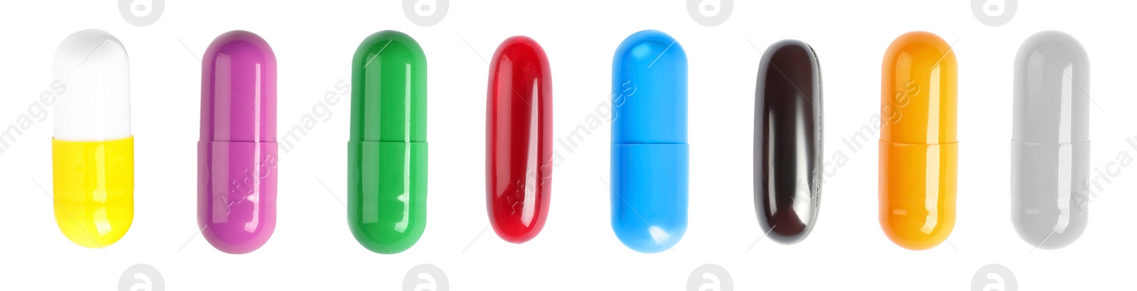 Image of Set with colorful pills on white background, top view. Banner design