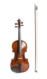 Beautiful classic violin and bow on white background. Musical instrument