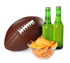 American football ball, beer and chips on white background