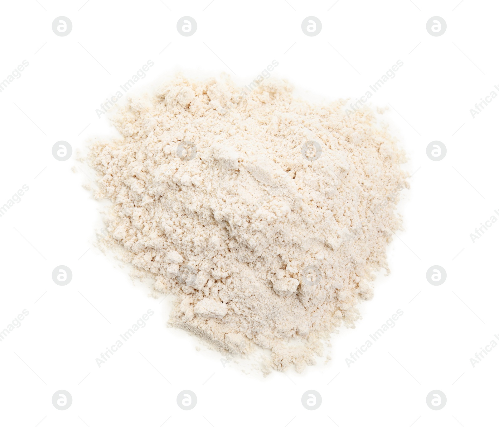 Photo of Pile of quinoa flour isolated on white, top view