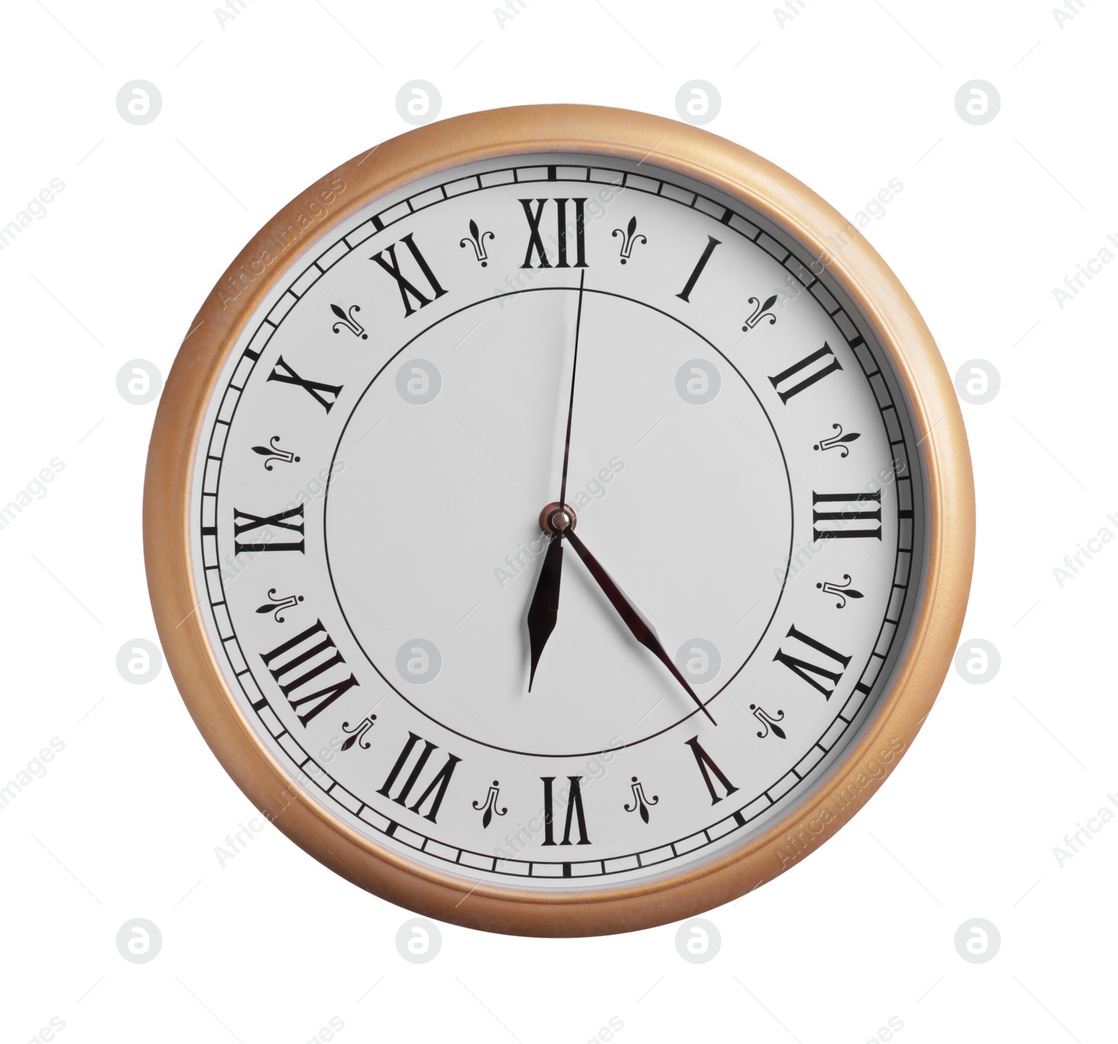 Photo of Stylish round clock isolated on white. Interior element