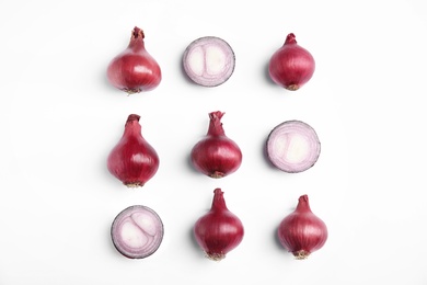 Photo of Beautiful composition with ripe red onions on white background