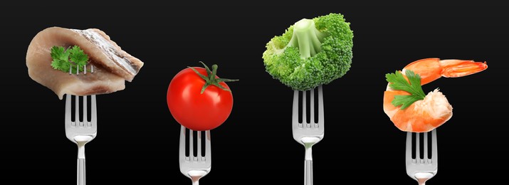 Image of Forks with different food products on black background, collection