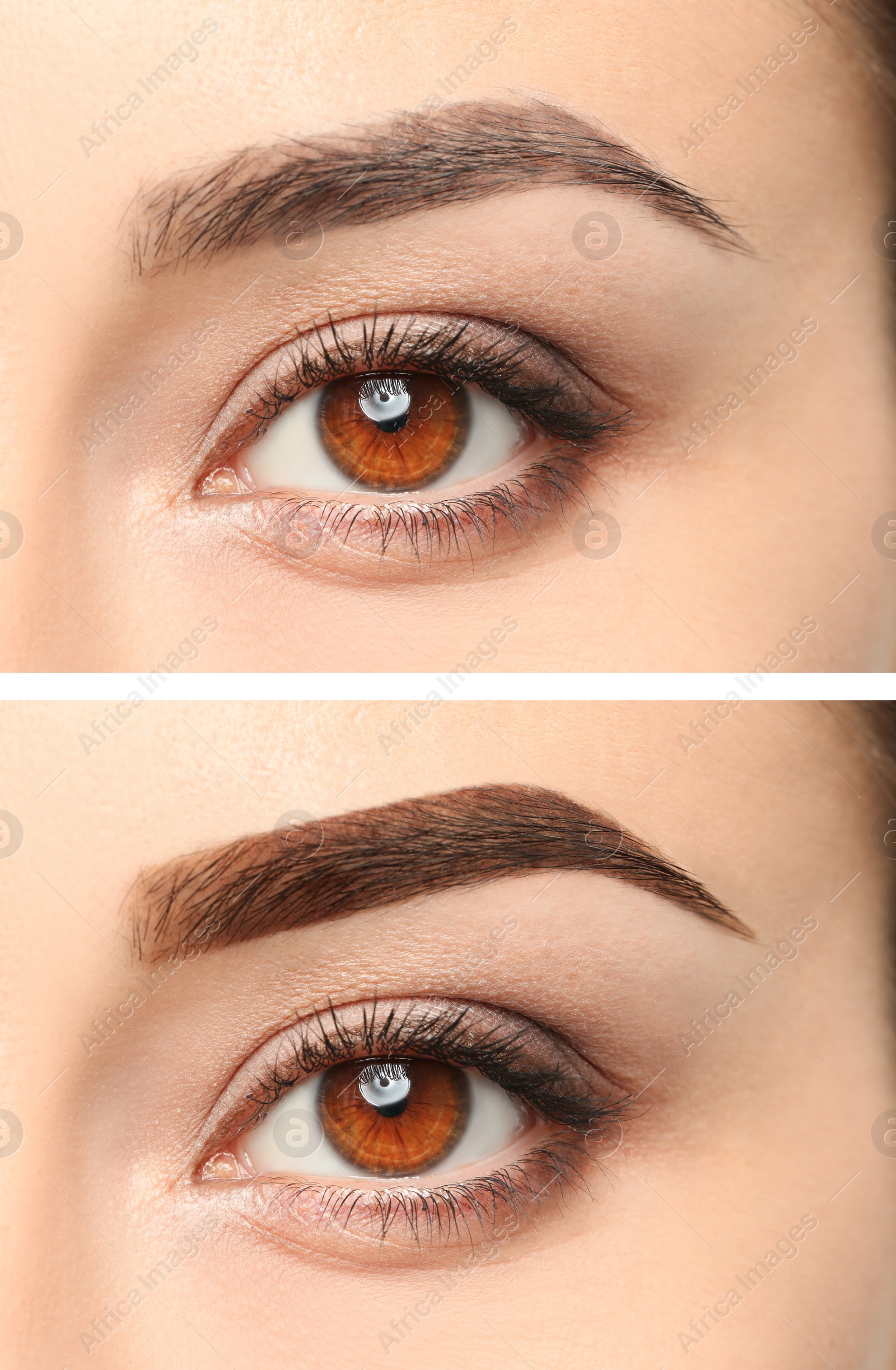 Image of Collage with photos of woman before and after eyebrows dyeing with henna, closeup