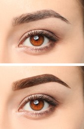 Image of Collage with photos of woman before and after eyebrows dyeing with henna, closeup