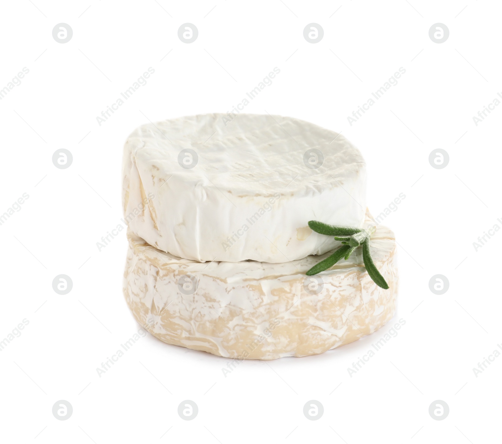 Photo of Tasty camembert and brie cheeses with rosemary isolated on white
