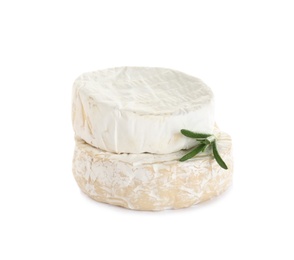 Photo of Tasty camembert and brie cheeses with rosemary isolated on white