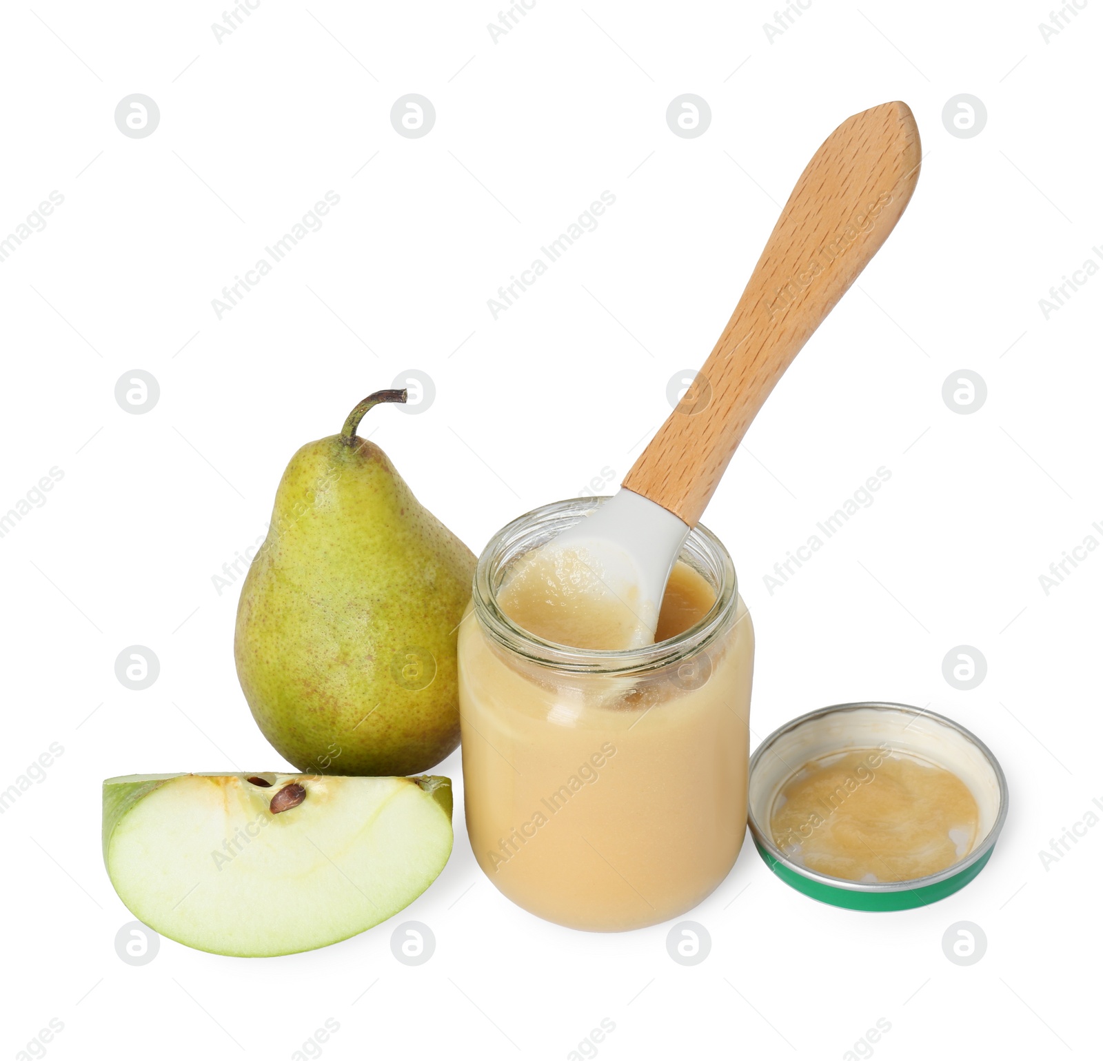 Photo of Tasty baby food in jar, spoon and fresh fruits isolated on white