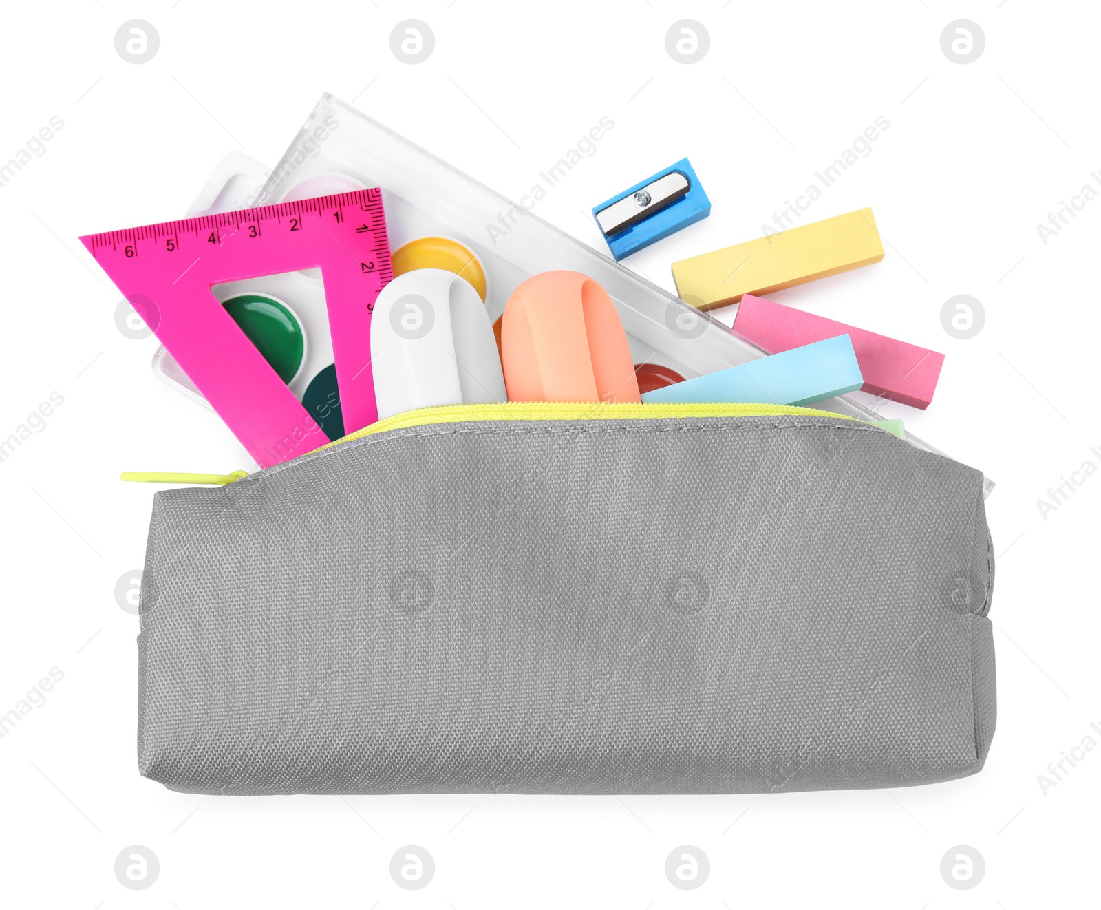 Photo of Pencil case with different school stationery on white background, top view