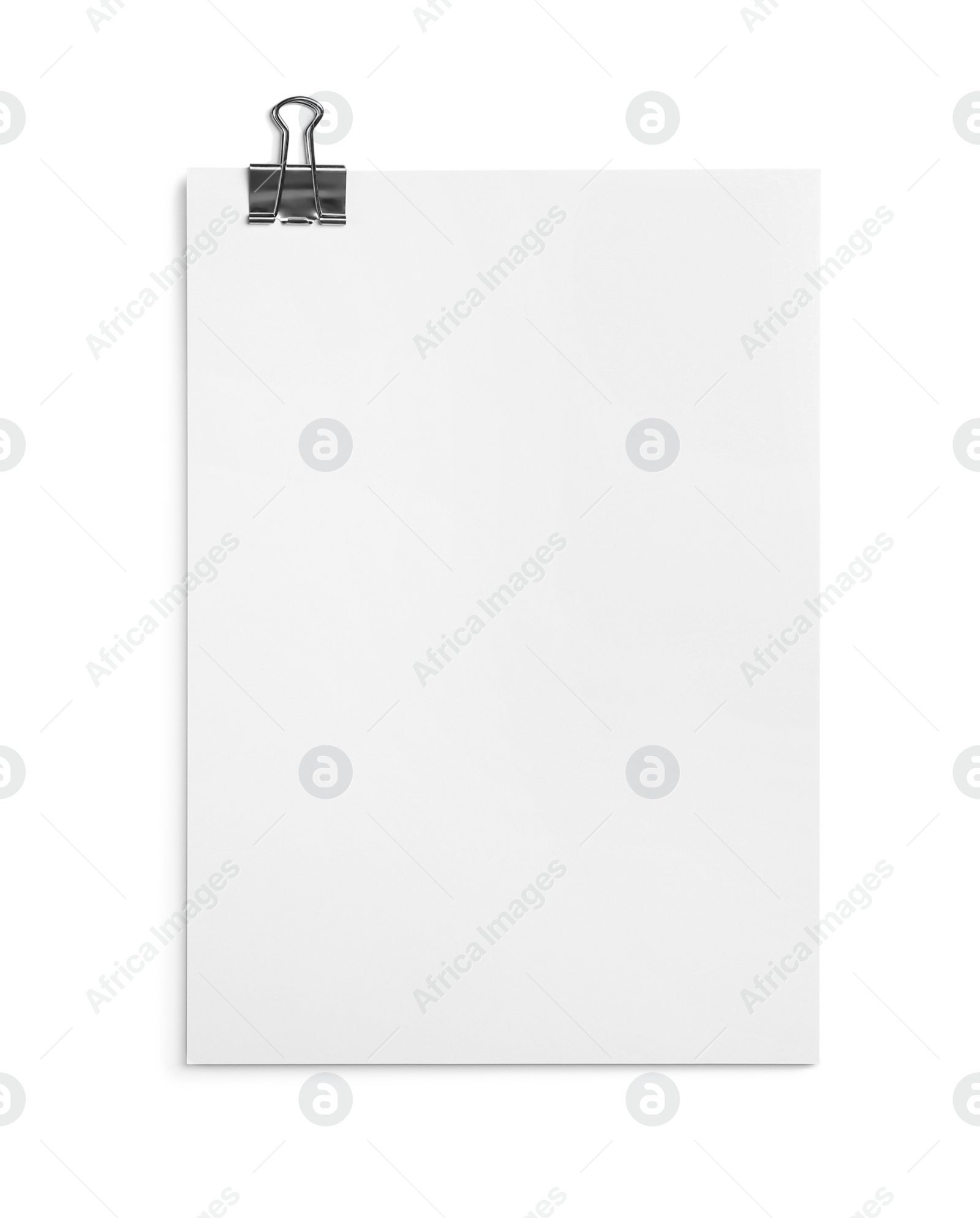 Photo of Sheet of paper with clip isolated on white, top view