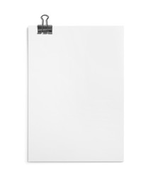 Sheet of paper with clip isolated on white, top view