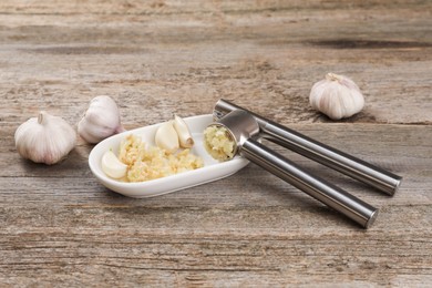 Garlic press, cloves and mince on wooden table. Kitchen utensil